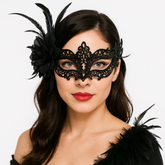 Black Filigree Feather Masquerade Mask with Rhinestone Accents